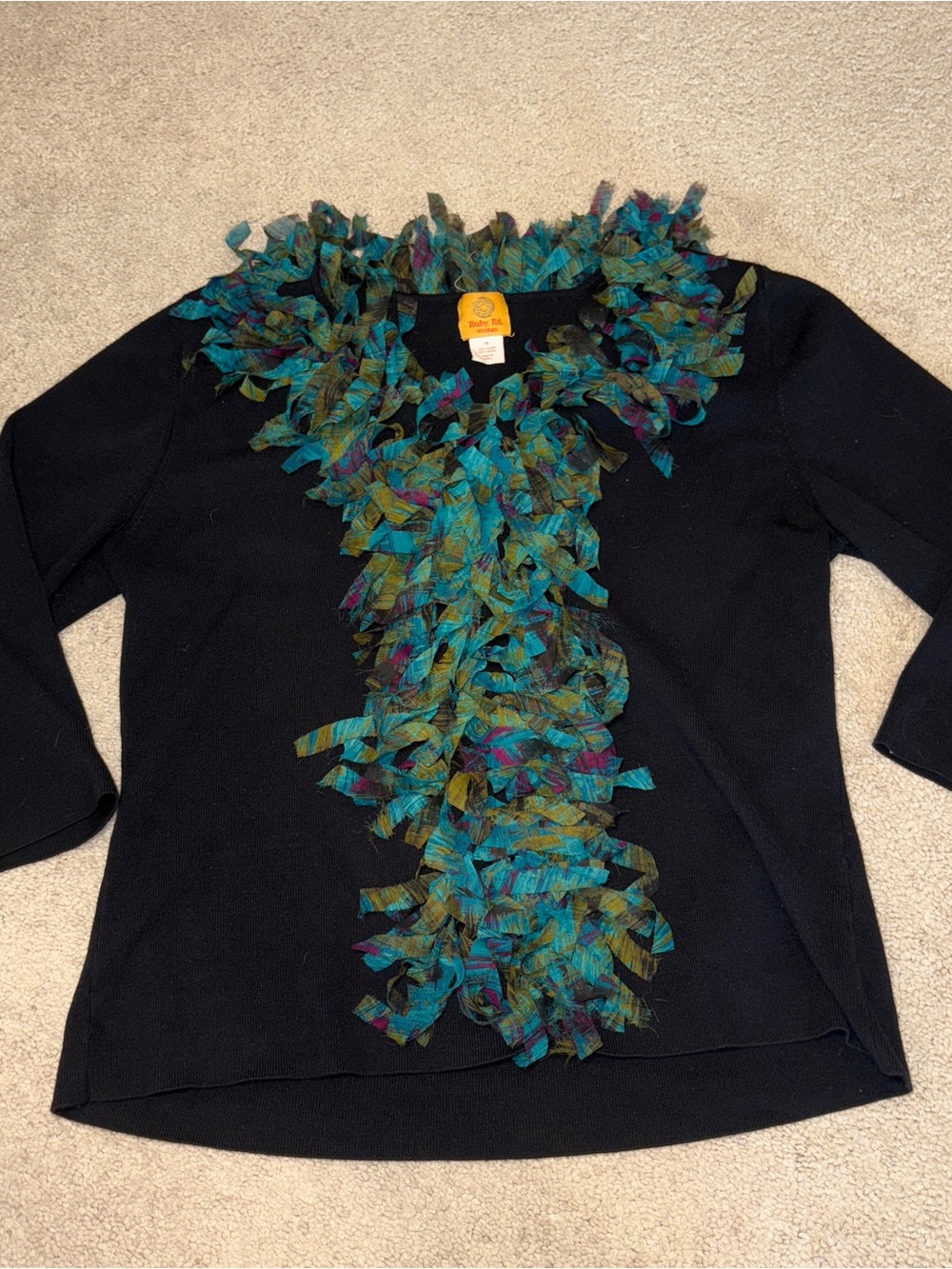 Ruby Rd. Black Top with Teal and Green Ruffled Trim Size: 1X